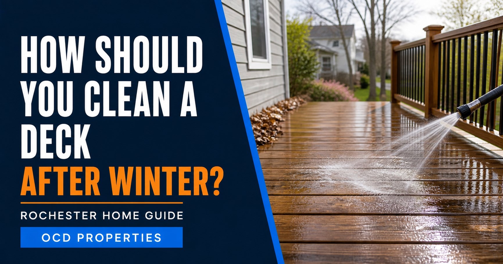 Deck boards and railings being cleaned at a Rochester area home