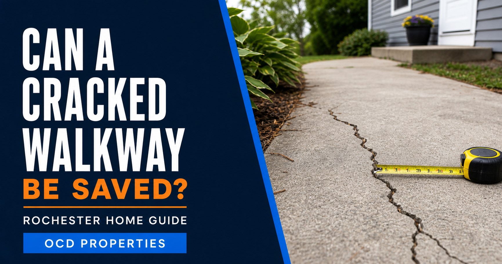 Cracked concrete walkway being evaluated at a Rochester area home